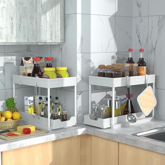 Under Sink Organizer -2 PACK|Pull Out Bathroom Organizer|2 Tier Slide Out Bathroom/Kitchen Organiers and Storage. (2 PACK White)-NeatNest