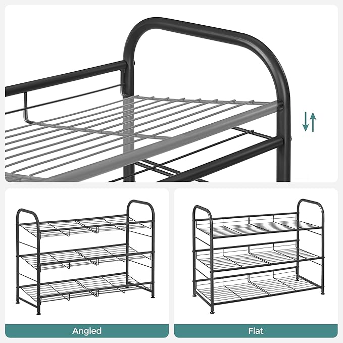 SONGMICS Shoe Rack, 3 Tier Shoe Organizer for Closet, Holds up to 12 Pairs of Shoes, Shoe Rack for Front Door Entrance, Metal Shoe Shelf with Adjustable Tilt Angle, for Entryway, Garage, Black-NeatNest