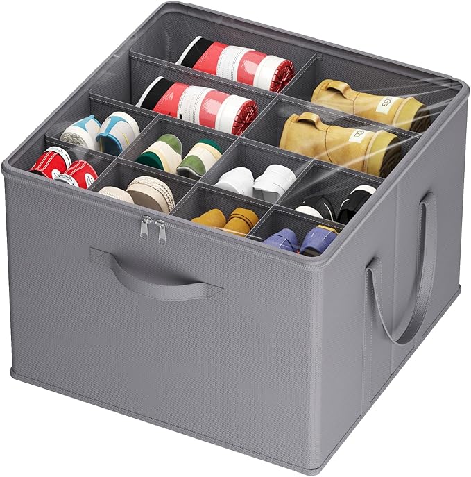 Lifewit Shoe Storage Organizer for Closet, Fits 12-16 Pairs, Large Shoe Box Storage Containers with Clear Cover and Reinforced Handles, Foldable Storage Bins Fit for Boots Heels Sneakers, 1 Pack Gray-NeatNest