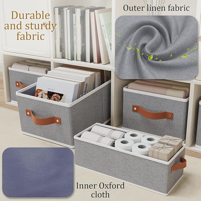 OUTBROS Cube Storage Unit Boxes, Foldable Bins for Bedrooms, Living Rooms, Shelves, Baskets With Handles, Fabric Wardrobe Organiser, Grey, 16.1 x 6.5 x 9.8 inch, 3-Pack