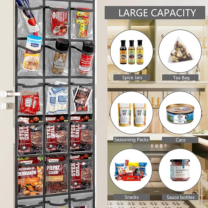 2 Pack Over the Door Pantry Organizer Hanging Seasoning Packet Storage Wall Mount Spice Holder for Kitchen Snack Food Tea Bag (Grey)-NeatNest
