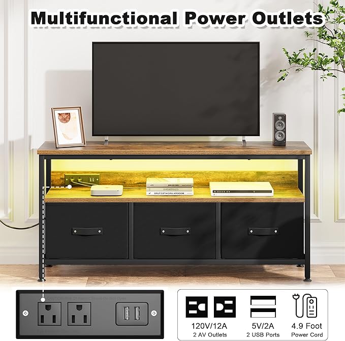 39" TV Stand for TVs up to 50", Media Console with Charging Station & LED Lights, 2 Drawer Storage Chest, Gaming Entertainment Center with Storage for Living Room, Brown, Medium-NeatNest