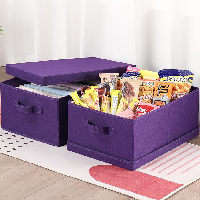 HOONEX Storage Bins with Lids for Organizing, Pack of 2, Storage Boxes with 2 Carry Handles and Sturdy Heavy Cardboard, 16.5" L x 11.8" W x 7.5" H for Shoes, Books, Clothes, Nursery, Dark Purple-NeatNest
