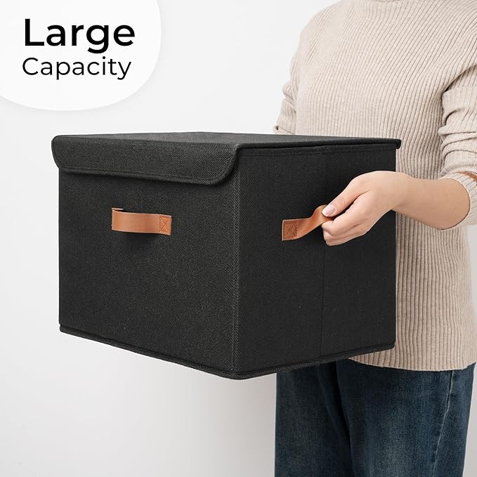 GRANNY SAYS Black Storage Bins with Lids, Decorative Storage Boxes with PU Handles, Linen Closet Organizer, Storage Baskets for Shelves, Fabric Storage Bins for Clothes, Extra Large-NeatNest