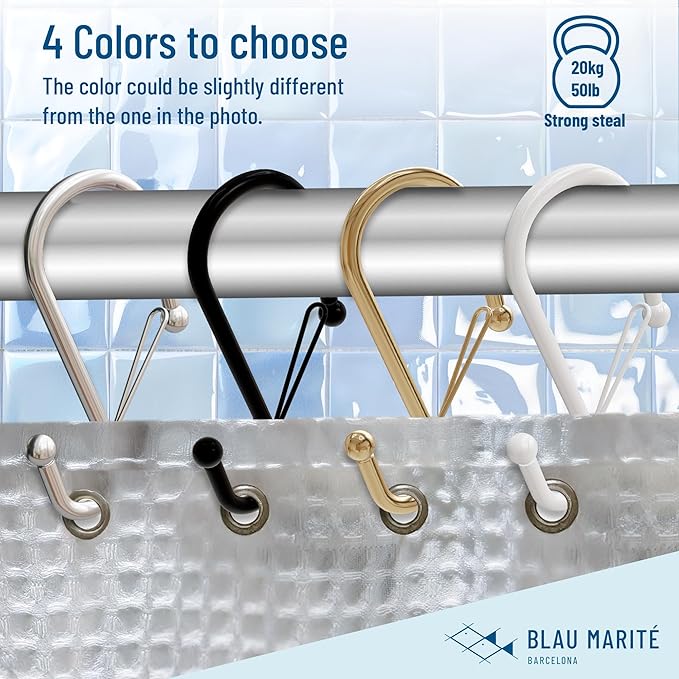 12 Decorative Metal Shower Curtain Hooks, S-Shaped Hooks with Anti-Fall System, Rust-Proof Shower Rings with Safety Buckle, Fits Rods Up to 1-Inch Diameter (S, Gold)-NeatNest