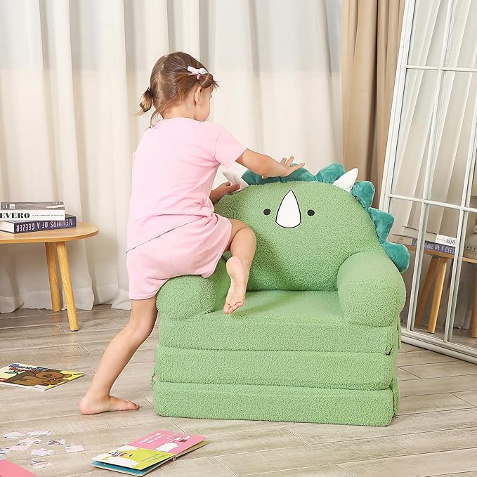 Foldable Kids Sofa, Triceratops Toddler Couch with Tri Folding Foam Cushions, Comfy Kids Couch for Age 3-6-NeatNest