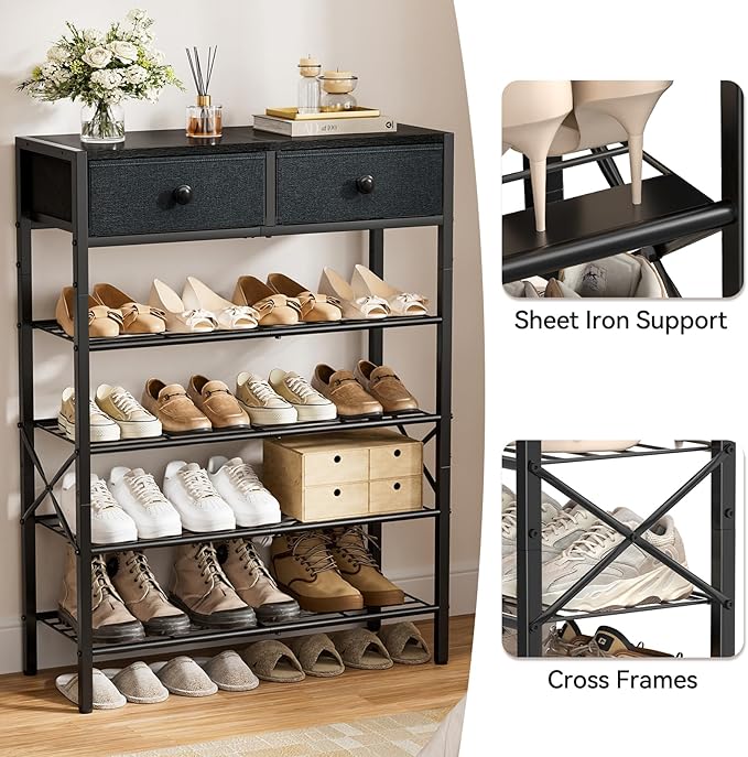 Shoe Rack for Entryway, 5 Tier Shoe Organizer with 2 Non-Woven Drawers, Metal Storage Shoe Shelf for 16-20 Pairs of Shoes, with Wooden Top and Steel Frame, Shoe Stand for Closet Black Grey-NeatNest