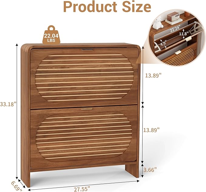 Narrow Shoe Storage Cabinet for Entryway with 2 Flip Drawers, Curved Edge Shoe Cabinet with Arched Stripe Panel, Freestanding Wood Shoe Organizer Closed Shoe Rack for Hallway, Foyer(Walnut)-NeatNest