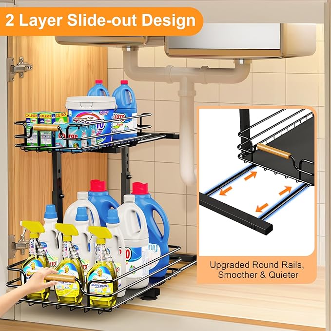 JYPS Under Sink Organizer, 2 Tier Pull out Under Kitchen Bathroom Sink Organizer and Storage, Metal Sliding Drawer for Cabinet Pantry Undersink Organizers Shelf (Black, 1 Pack)-NeatNest