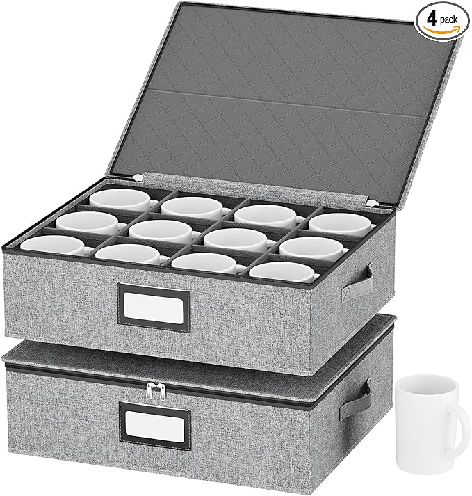 homyfort Coffee Mug Storage Box with Dividers, Durable China Storage Containers for Coffee Mugs, Tea Cups Storage Organizer (Grey) (Mug Storage Box)-NeatNest