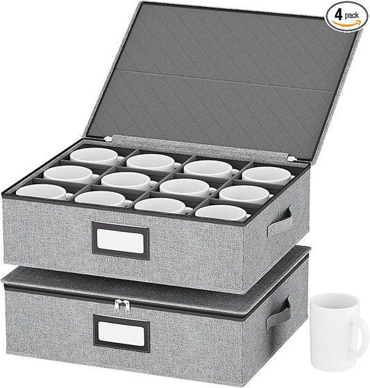 homyfort Coffee Mug Storage Box with Dividers, Durable China Storage Containers for Coffee Mugs, Tea Cups Storage Organizer (Grey) (Mug Storage Box)-NeatNest