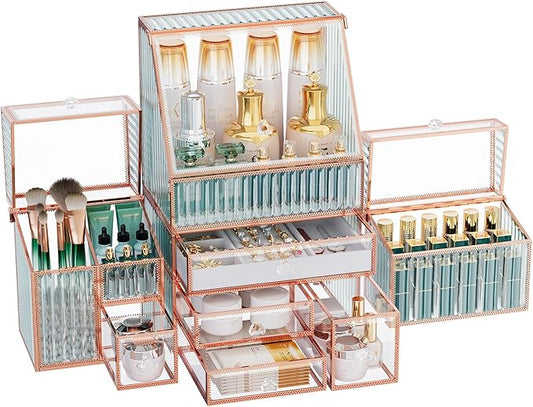 Large Makeup Organizer, Glass Cosmetic Storage with Drawers, Stackable Makeup and Jewelry Organizer for Vanity Table, Bathroom Countertop, Skincare, Lipsticks, Perfume, Brushes