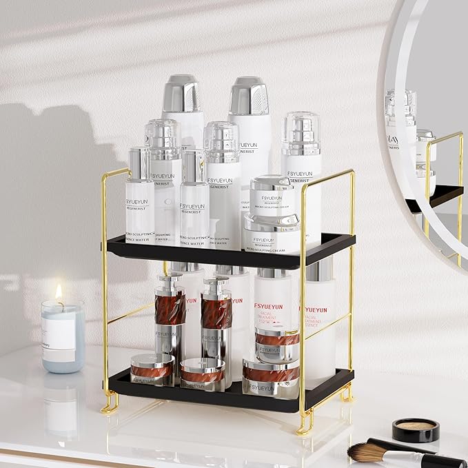 FSyueyun 2-Tier Bathroom Countertop Organizer, Tool-Less Installation Premium Plastics Makeup Shelf Organizer Perfume Skincare for Dresser Vanity Tray Organizers and Storage (Gold & Black)-NeatNest