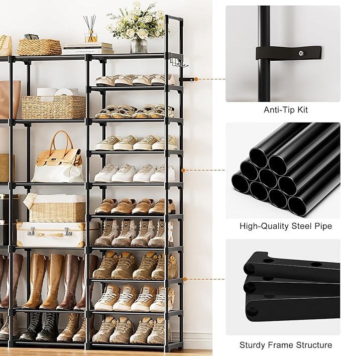 WOWLIVE 4 Row 10 Tiers Extra Large Shoe Rack 72-80 Pairs Big Tall Metal Shoe Shelf, Heavy Duty Organizer for Closet Entryway, Boot Rack Storage Stackable Stand for Garage Black-NeatNest