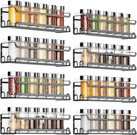 LUCYCAZ 8 Pack Wall Mounted Spice Rack with 16 Hooks, Spice Organizer Shelf for Stove Cabinet Pantry Door, Screw or Adhesive Spice Shelf Hanging Wall Spice Rack for in Kitchen and RV (Black, 8 PACK)