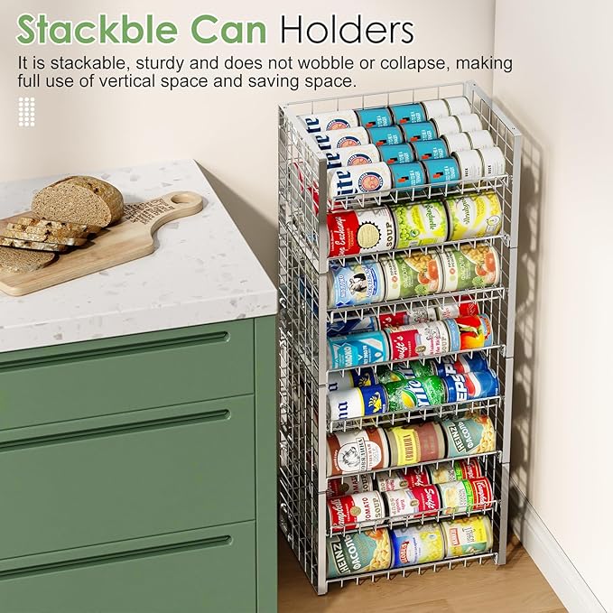JKsmart 2-Tier Stackable Can Rack Organizer for Pantry, Adjustable Can Dispenser Holds Up to 62 Cans, Can Storage Holder for Various Ounces of Canned Food Soda Drinks, Silver, 2 Pack (Petent Pending)-NeatNest