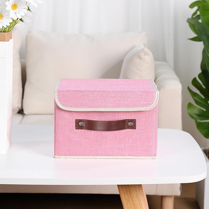 ANMINY 4PCS Storage Bins with Lid PU Leather Handles Storage Boxes PP Plastic Board Decorative Foldable Lidded Cotton Linen Fabric Home Cubes Baskets Closet Organizer Containers - Pink, Small Size-NeatNest