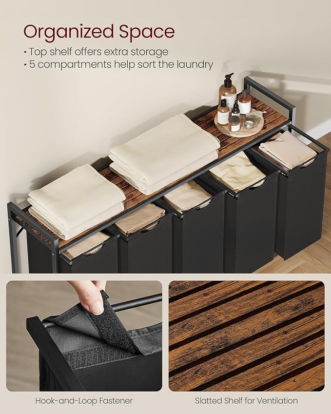 VASAGLE Laundry Hamper, Laundry Basket, Laundry Sorter with 5 Pull-Out and Removable Bags, Shelf, Metal Frame, 5 x 10.6 Gallons (40 L), 56.5 x 13 x 28.4 Inches, Ink Black and Rustic Brown UBLH501B01-NeatNest