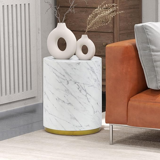 kevinplus White Side Table End Table for Living Room, Circle Wood, Faux Marble Grain, White & Gold (ø15.7'' x 19.6'')