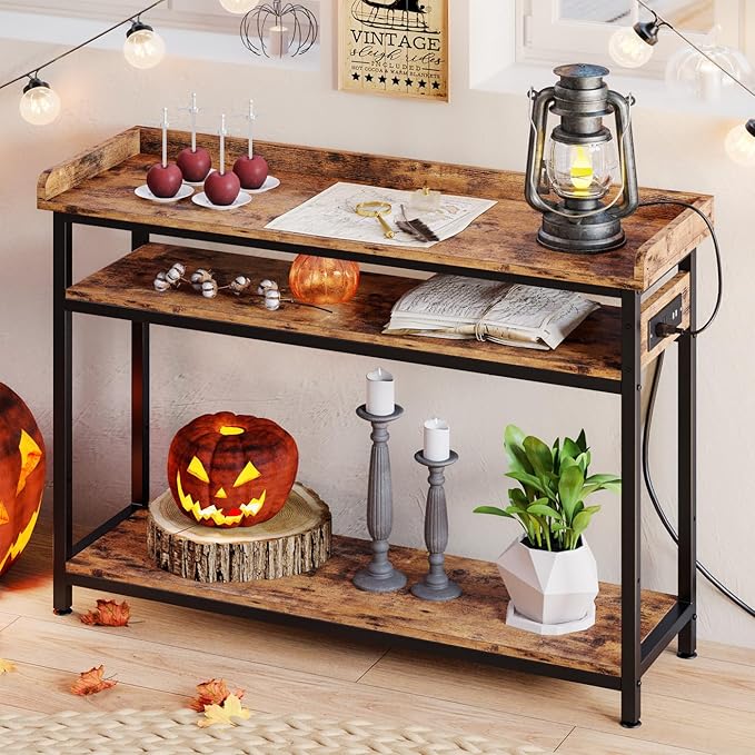 IRONCK Console Table, Sofa Table with Power Outlet, Farmhouse Hallway Table for Entryway, Living Room, Height Adjustable, Easy Assembly, Rustic Brown, 43"-NeatNest