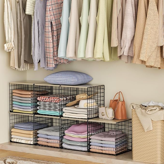 3PCS Stackable Closet Organizers and Storage, Shelves with Wood Top Extra Storage, Clothes Organizer Basket, Bin, or Tube for Wardrobe and Home Organization (Black-Sturdy Metal) Patent Pending-NeatNest