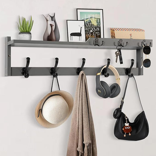 29'' Coat Rack Wall Mount with Shelf, Coat Hanger with Key Hooks and Mail Holder, Wood Entryway Wall Floating Shelf with Hooks and Storage, Hat Rack Key Holder Mail Organizer