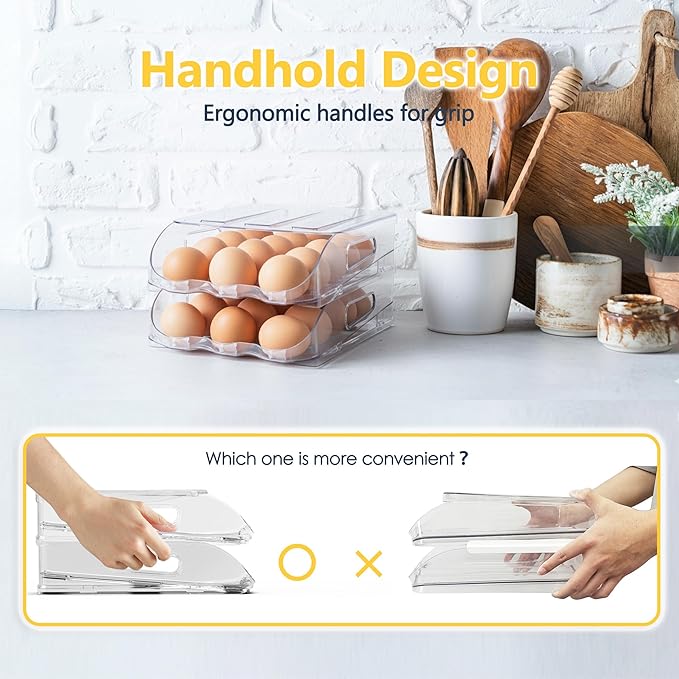 Egg Holder for Fridge, Automatic Steady Rolling Egg Container with Soft Bumpers & Handle for Refrigerator, Stackable Fridge Organizers and Storage with Lid