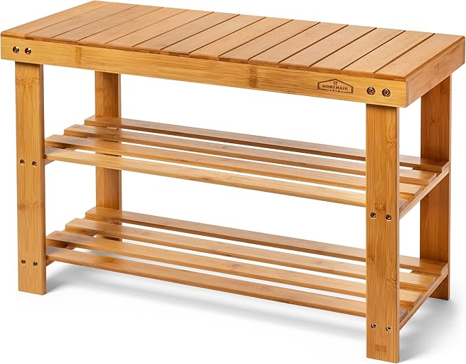 Homemaid Living Bamboo 3 Tier Shoe Rack Small Bench, Outdoor Shoe Rack Weatherproof - Shoe Rack with Bench, Bathroom Bench, Shoe Organizer for Entryway, Hallway, Living Room (Natural Bamboo)-NeatNest