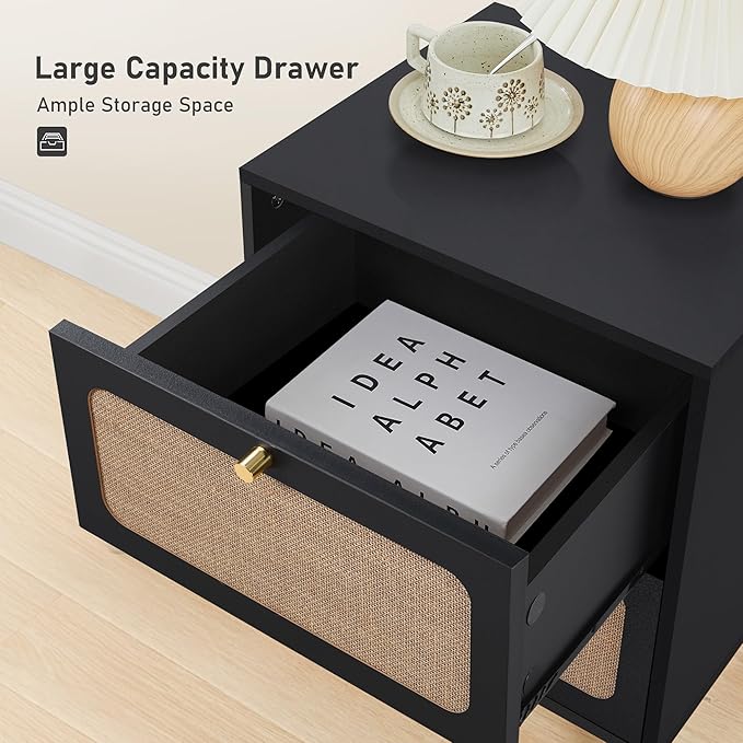 Mid Century Night Stand with 2 Drawers, Farmhouse End Table with Storage & Curved Linen Panel, Modern Nightstands Bedside Table Small Side Tables for Small Space, Bedroom (Black)