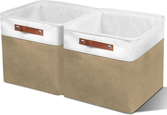 12in Open Fabric Storage Basket with Leather Handles for Organizing, Collapsible Linen Closet Bins for Shelves, Closets, Laundry, Decorative Basket for Gifts. (White＆Khaki, 2PCS/12x12in)-NeatNest