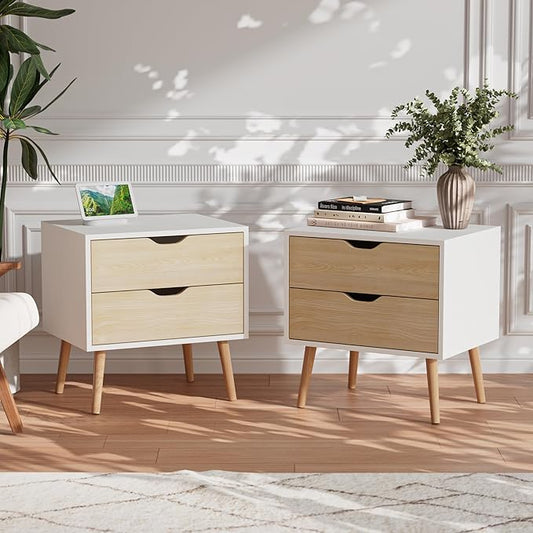 End Table Set of 2 with Storage Drawers, Modern Small Sofa Side Table, Nightstand Accent Wooden Bedside Table with Solid Wood Legs for Living Room,White/Oak