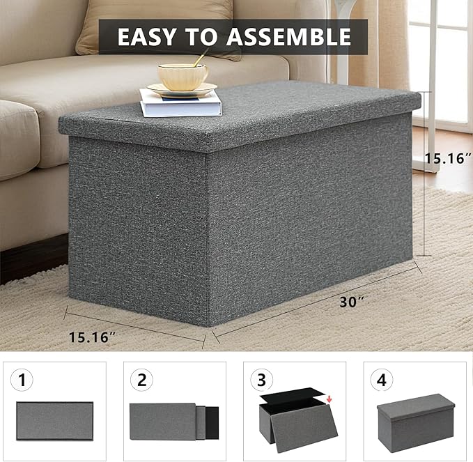 30 Inch Folding Storage Ottoman with Reversible Lid Coffee Table, Linen Fabric Multi-Functional Foot Rest & Seat for Living Room, Bedroom Grey