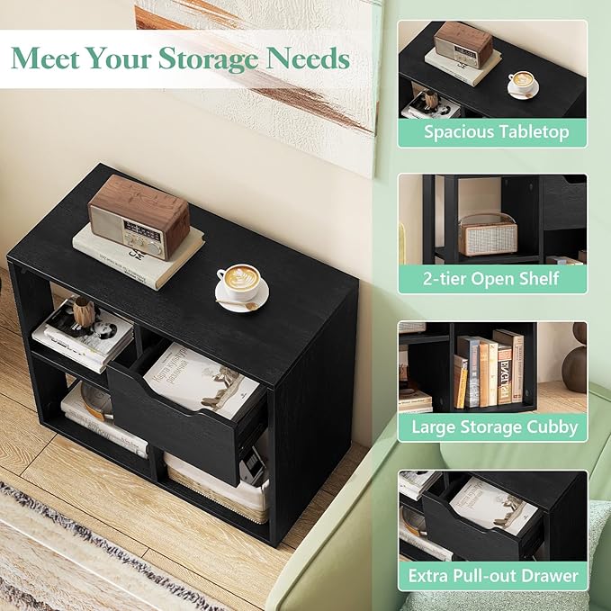 Giantex 3 Cube Bookcase with Drawer Set of 2, 2 Tier Bookshelf for Small Spaces, Modern Freestanding Display Rack with Open Shelves, Book Case, Wood Cube Storage Organizer Bedroom Living Room, Black