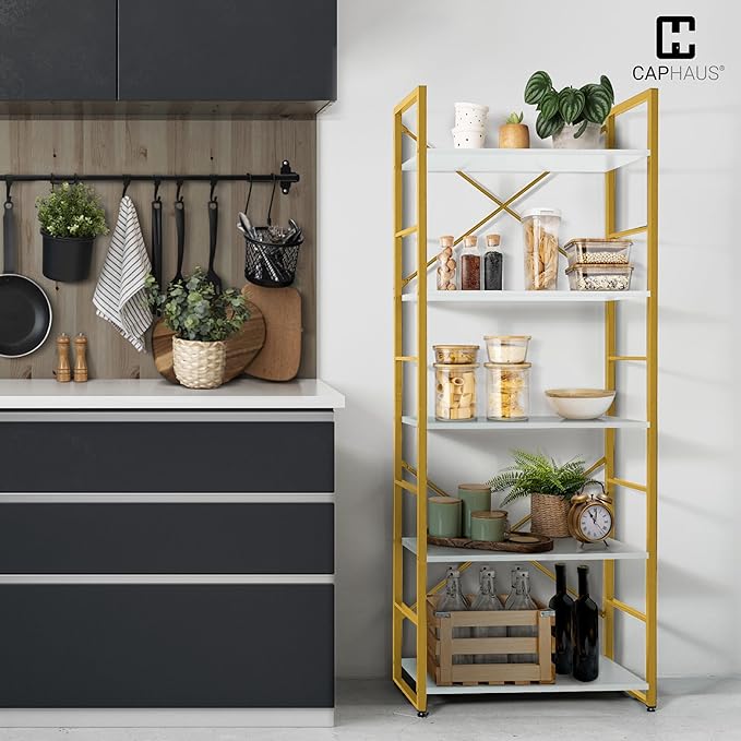 CAPHAUS 5 Tier Bookshelf, 24 Inch Width Free Standing Shelf, Bookcase Shelf Storage Organizer, Industrial Book Shelves for Home Office, Living Room, Kitchen, White Wooden Shelves & Gold Frame-NeatNest