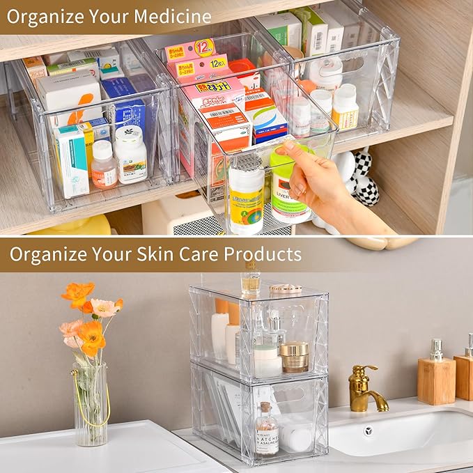 6Pack Stackable Kitchen Storage Organizer, Pantry Organizers and Storage, Clear Foods Organizer Bins with Handles, Easily Assemble for Bathroom, Kitchen, Pantry, Cabinet, Closet-NeatNest