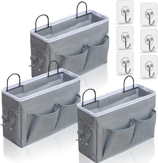 3pcs Middle Wall Hanging Organizer Bag, Linen Fabric Door Hanging Storage Basket with Pockets, Waterproof Bin for Kitchen, Bedroom, Office, RV Camper (Gray)-NeatNest