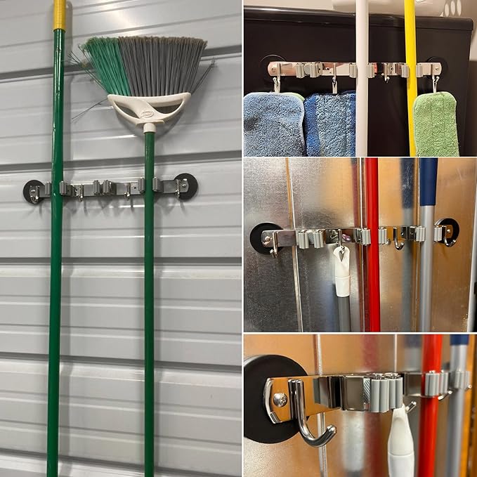 ULIBERMAGNET Magnetic Broom Holder,Heavy Duty Movable Magnetic Mop Holder Rack,Anti-slip Wall Mounted Utility Storage Mop Shovel Hanger for Garage, Kitchen, Laundry, Garden(3 Racks / 4 Hooks)
