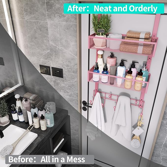 HapiRm Over The Door Hanger with Coat Hooks and 2 Baskets, Rustproof & Waterproof Pink Over The Door Hooks, Storage Organizer for Hats, Bathroom, Kitchen, Bedroom - Pink
