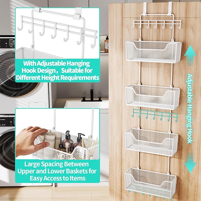 HapiRm Over Door Organizer Storage - Hanging Door Organizer with 4 Metal Large Capacity Baskets and Adjustable Coat Hook for Bathroom Bedroom Kitchen Pantry Closet Cabinet-NeatNest