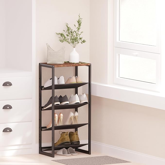 Narrow 5-Tier Shoe Rack, Slim Space-Saving Shelf with Decorative Wood Top & Steel Mesh, Entryway/Closet/Dorm Organizer, 16.5x11.8x36 Inches-NeatNest