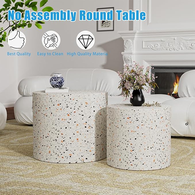 Nesting Coffee Table Set of 2, Modern Round Coffee Table with Non-Slip Feet, Wooden Circle Accent Tables for Small Spaces Living Room Bedroom Balcony Office Drum Side Table (C Terrazzo)