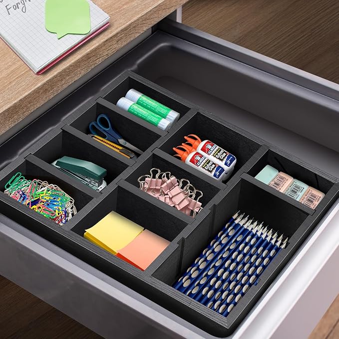 Desk Drawer Organizer Tray with 9 Adjustable Compartments, Wooden Office Desk Accessories Supplies Organization Storage for Desktop Bathroom Vanity Makeup Black-NeatNest
