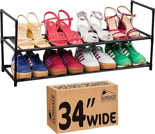 Sundaze Shoe Rack - 2 Tier Shoe Rack for Front Door Entrance, Sturdy Long Shoe Organizer for Closet, Bedroom, Entryway, Garage, Non Woven Fabric Shelf, Black, Holds Up to 10 Pairs-NeatNest