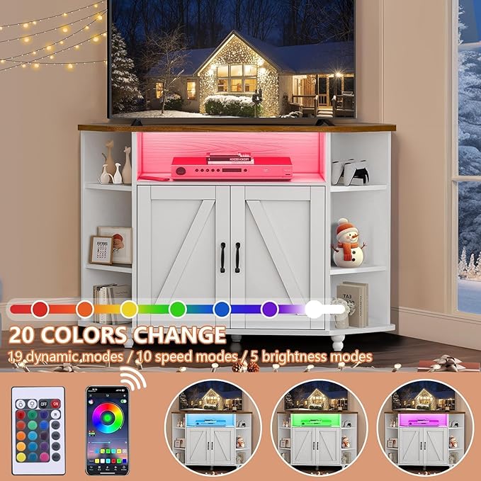 4 EVER WINNER Corner TV Stand for 50 Inch TV, Corner Entertainment Center with LED Lights and Adjustable Shelves, Farmhouse Corner TV Cabinet with Barn Doors for Living Room, White-NeatNest