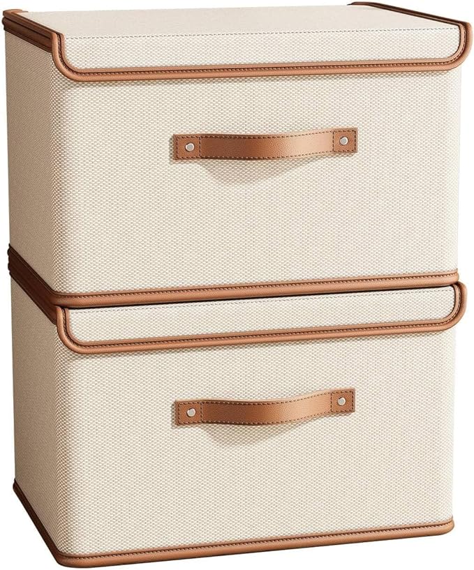 Tuza 2 Pack Storage Bins with Lids, Collapsible Closet Organizer Container, Fabric Organizer Box with Handles, Decorative Storage Boxes with Lids for Organizing Clothes, Blanket, White, Extra Large-NeatNest