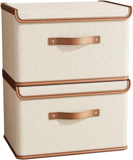 Tuza 2 Pack Storage Bins with Lids, Collapsible Closet Organizer Container, Fabric Organizer Box with Handles, Decorative Storage Boxes with Lids for Organizing Clothes, Blanket, White, Extra Large-NeatNest