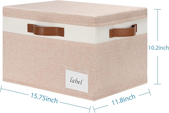 Extra Large Storage Bins with Lids, Foldable Fabric Storage Baskets with Lids, Sturdy Storage Boxes with Labels and 3 PU Handles for Closet Home Bedroom Office (32L, 3 Packs, Pink&White)-NeatNest