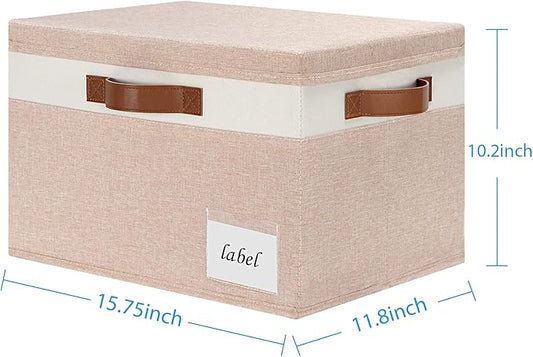Extra Large Storage Bins with Lids, Foldable Fabric Storage Baskets with Lids, Sturdy Storage Boxes with Labels and 3 PU Handles for Closet Home Bedroom Office (32L, 3 Packs, Pink&White)-NeatNest