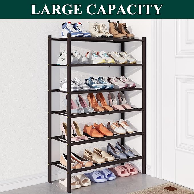 Smiry Bamboo Shoe Rack for Closet, 6 Tier Wooden Stackable Shoe Organizer, Free Standing Shoes Storage Shelf for Entryway, Front Door Entrance, Brown-NeatNest