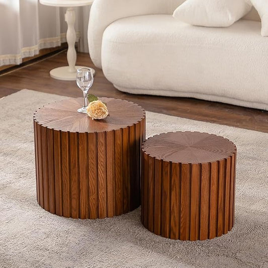 Handcraft Round Nesting Coffee Table - Chic Wave Stripe Edge, Modern Stylish Walnut Wooden Circle Fluted Center Table for Living Room (18.9in+15in)